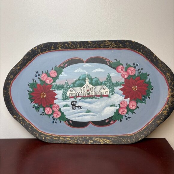 Hand Painted Wood Oval Serving Tray Christmas Theme Victorian Style OOAK - Picture 2 of 5